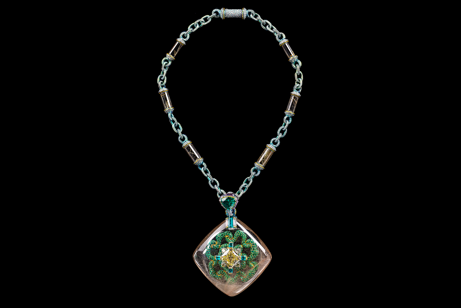 Wallace Chan ‘Secret Abyss’ necklace  with 10.05ct yellow diamond, 1,111 emerald, amethysts, and a 211.74ct rutilated quartz in titanium