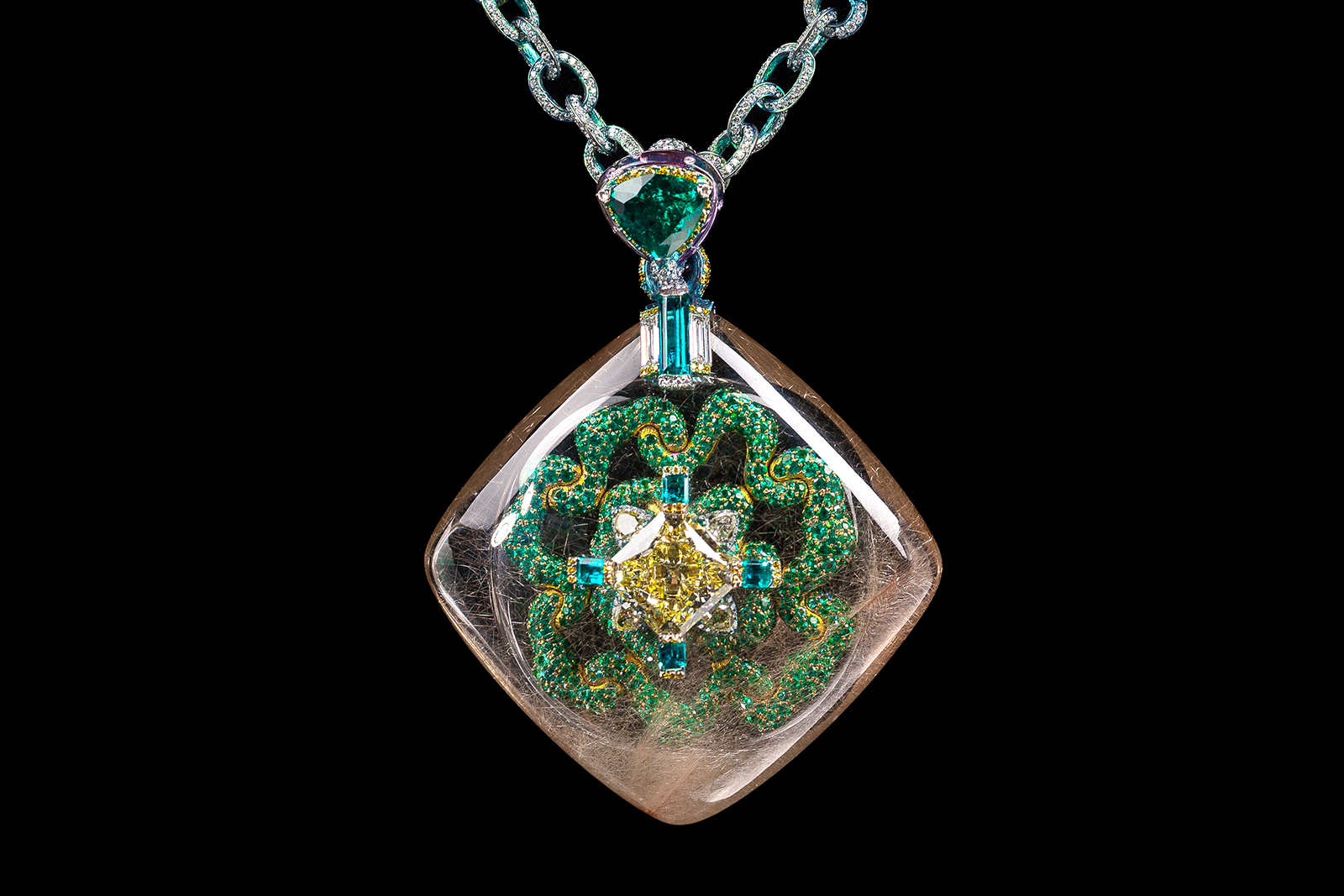  Wallace Chan ‘Secret Abyss’ necklace  with 10.05ct yellow diamond, 1,111 emerald, amethysts, and a 211.74ct rutilated quartz in titanium
