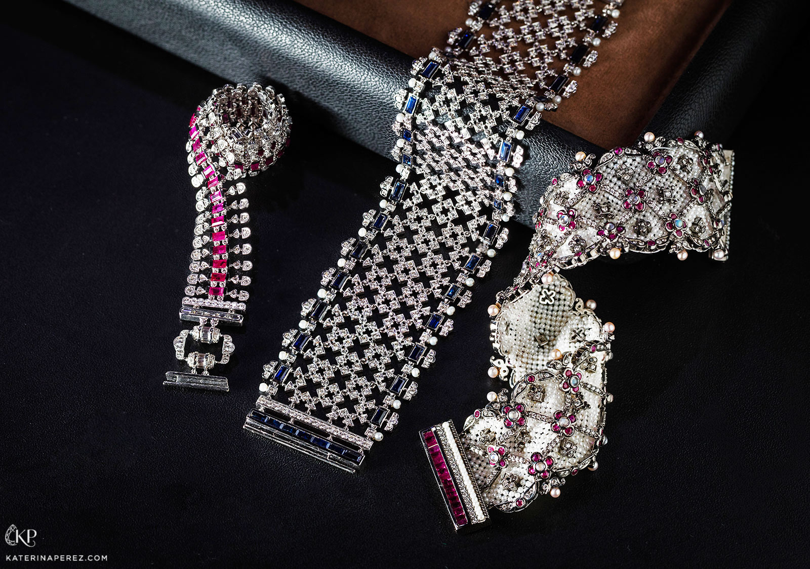 Moksh 'Empress' bracelets with keshi pearls, diamonds, sapphires and rubies in white and black gold 