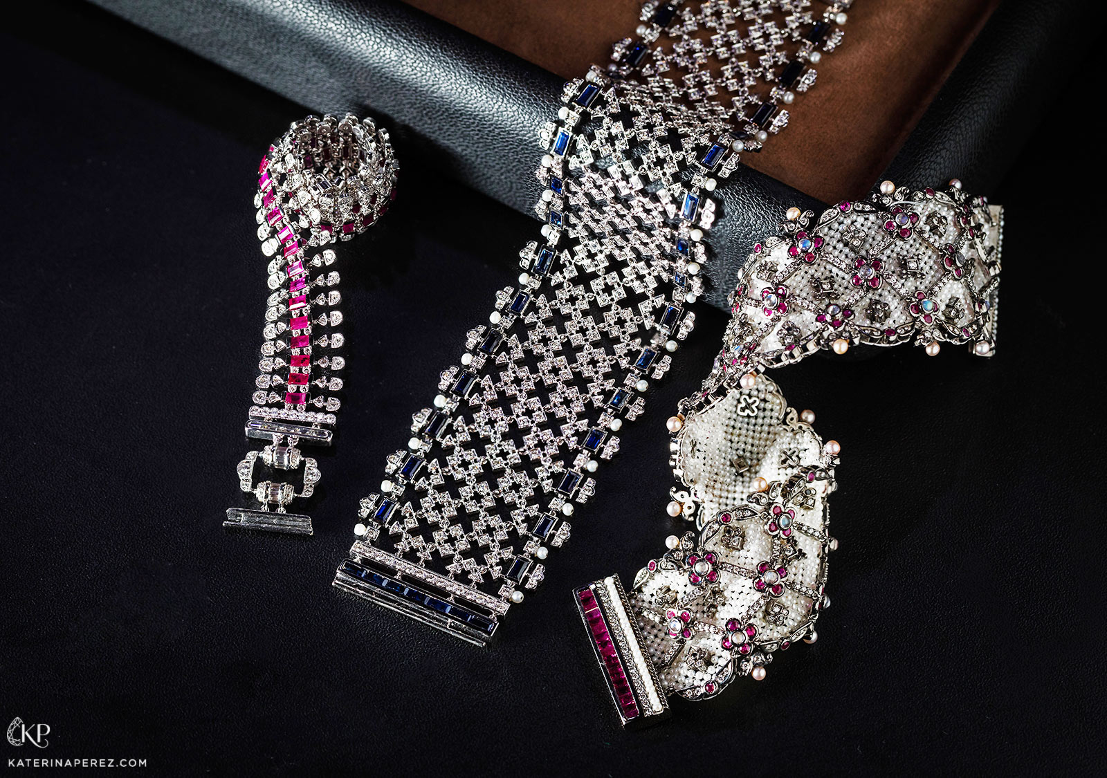 Moksh 'Empress' bracelets with keshi pearls, diamonds, sapphires and rubies in white and black gold