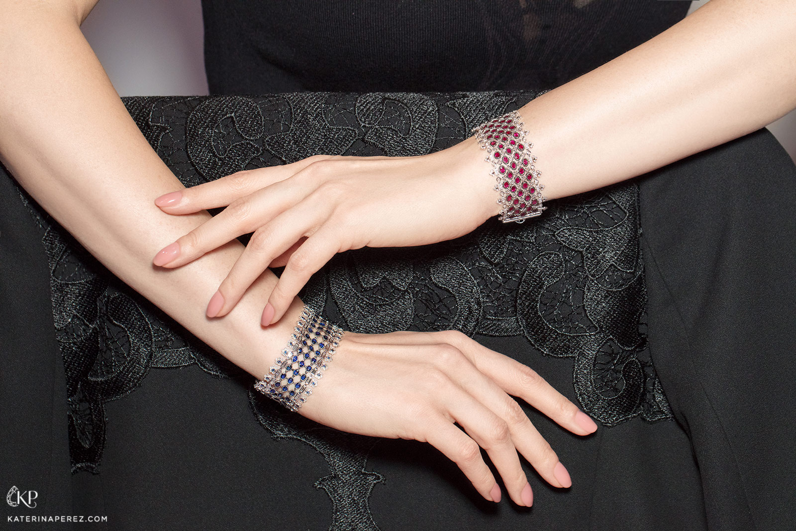 Moksh 'Empress' bracelets with keshi pearls, diamonds, sapphires and rubies in white and gold 