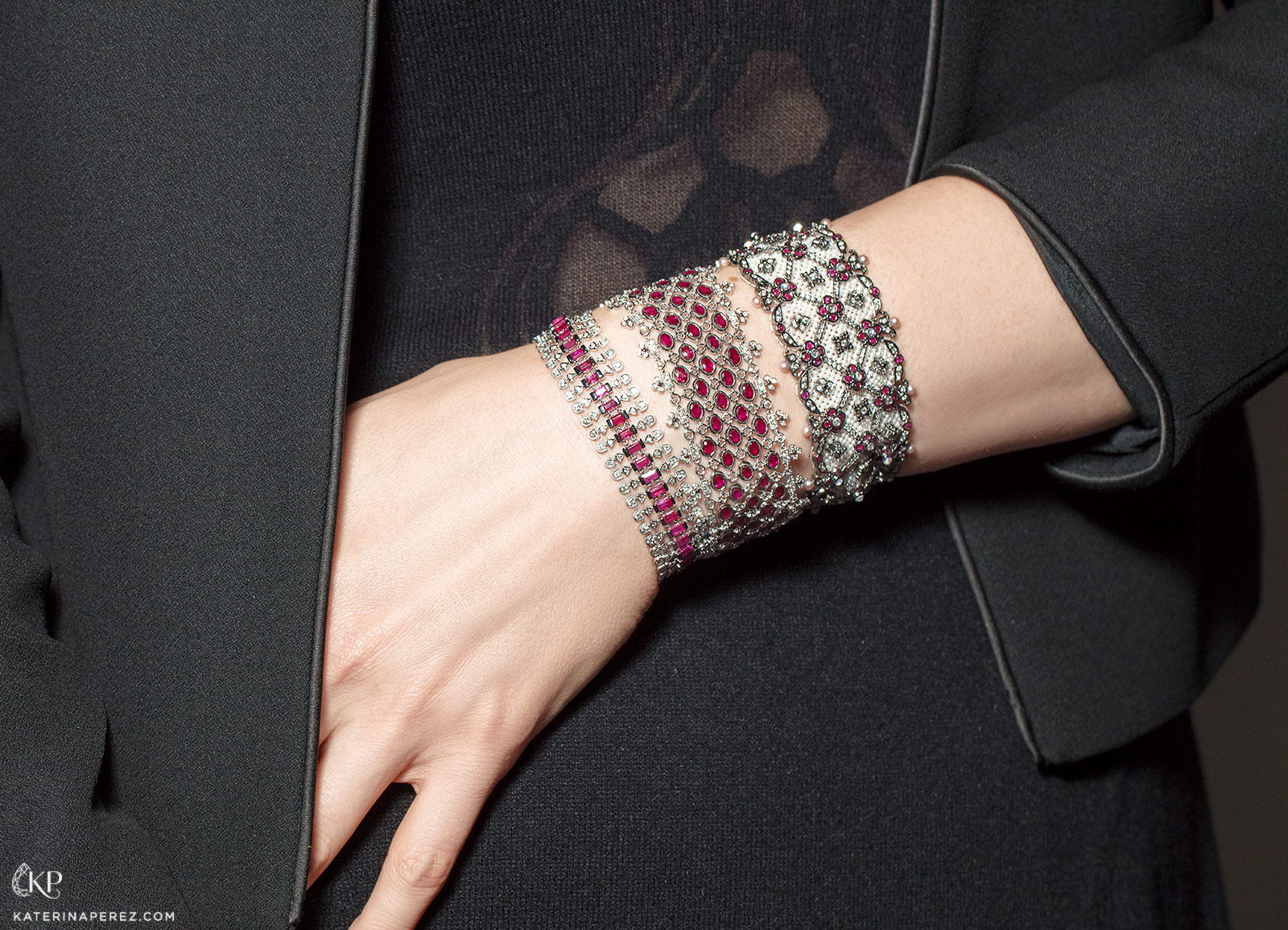  Moksh 'Empress' bracelets with keshi pearls, diamonds and rubies in white and black gold 