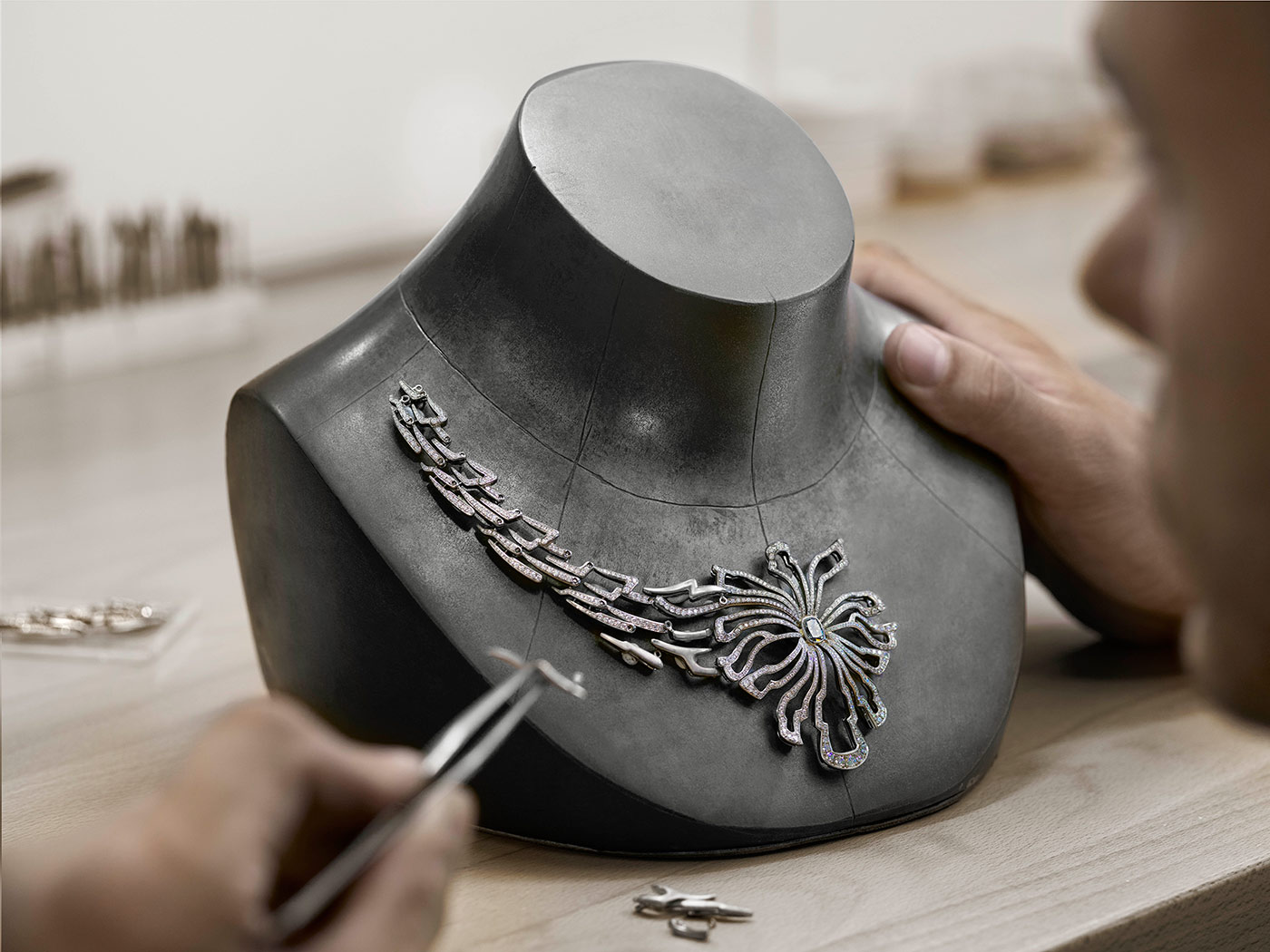The creation of Gübelin ‘Wings of a Dragonfly’ transformable necklace with 10.64ct Burmese ruby and 13 cushion cut diamonds, 43 fancy cut diamonds and 1788 round brilliant cut diamonds totalling 19.49ct