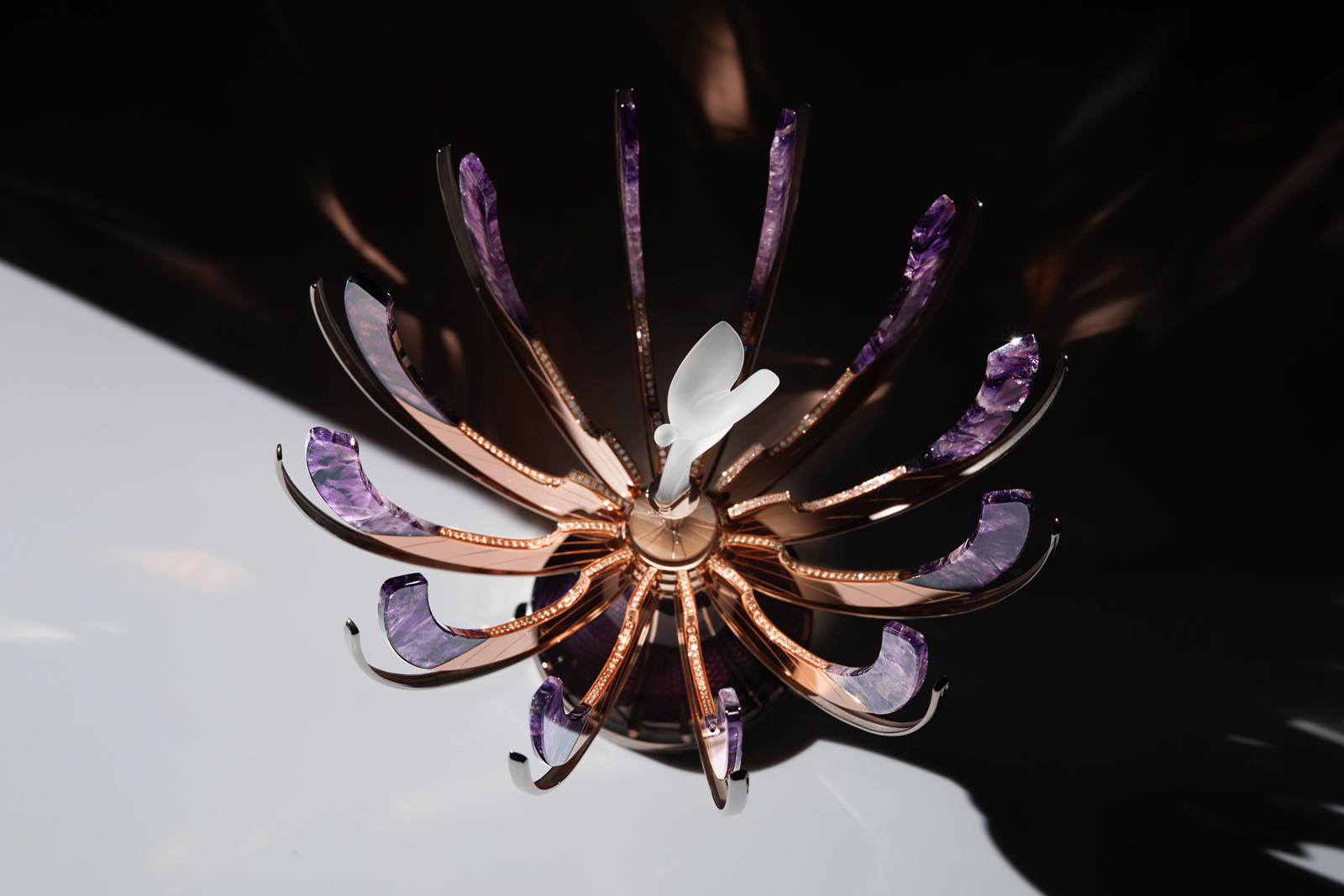  Fabergé and Rolls Royce ‘Spirit of Ecstasy’ Imperial egg with 390ct amethyst, 10ct diamonds , rock crystal and enamel in 18k rose and white gold