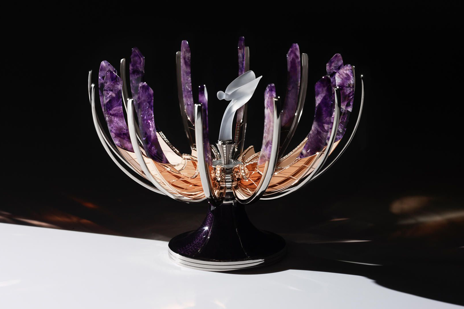  Fabergé and Rolls Royce ‘Spirit of Ecstasy’ Imperial egg with 390ct amethyst, 10ct diamonds , rock crystal and enamel in 18k rose and white gold