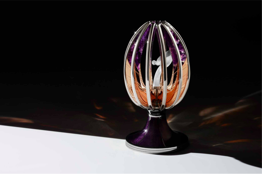  Fabergé and Rolls Royce ‘Spirit of Ecstasy’ Imperial egg with 390ct amethyst, 10ct diamonds , rock crystal and enamel in 18k rose and white gold