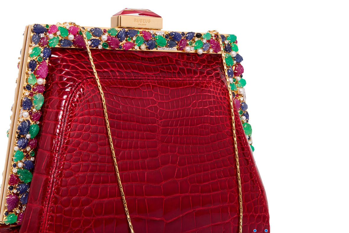  Rubeus 'Myra' bag with ruby clasp accent, tutti frutti style carved emerald, sapphire, rubies, pearls and diamonds in 18k yellow gold frame 