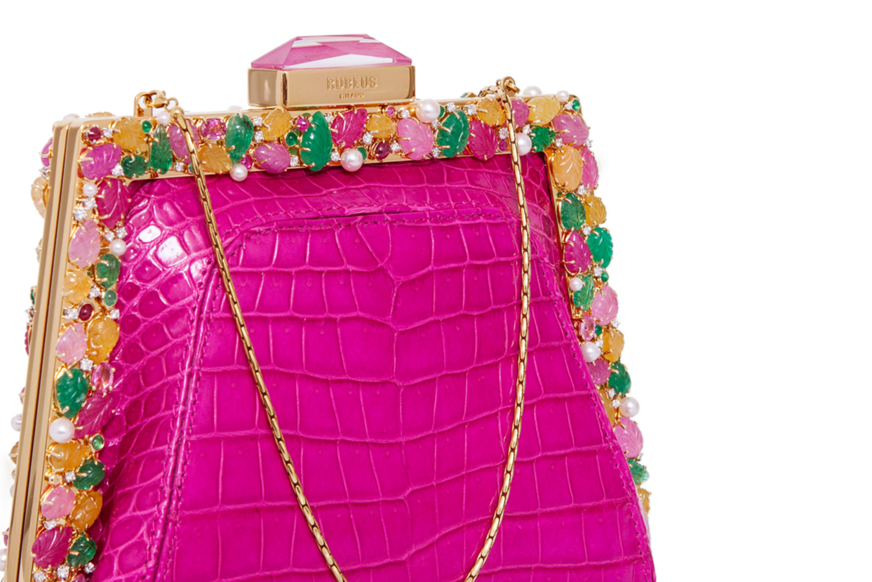  Rubeus 'Myra' bag with pink sapphire clasp accent, tutti frutti style carved emerald, sapphire, rubies, pearls and diamonds in 18k yellow gold frame 