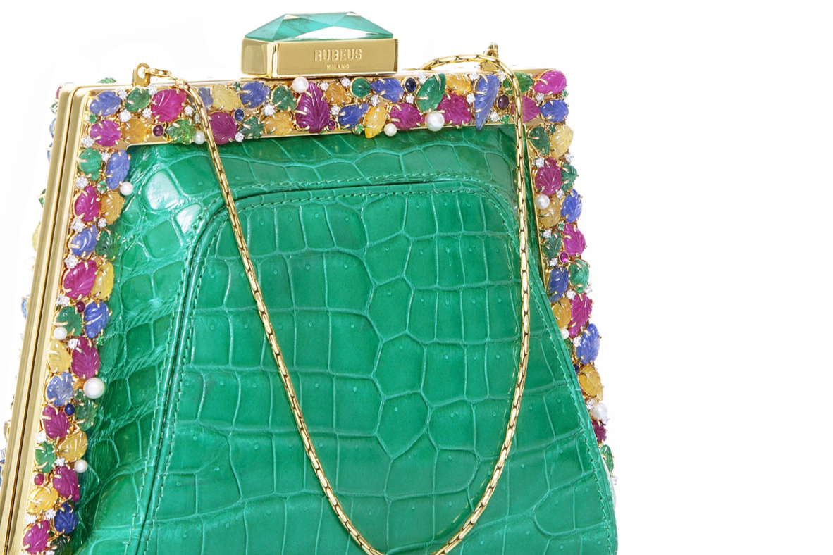  Rubeus 'Myra' bag with emerald clasp accent, tutti frutti style carved emerald, sapphire, rubies, pearls and diamonds in 18k yellow gold frame 