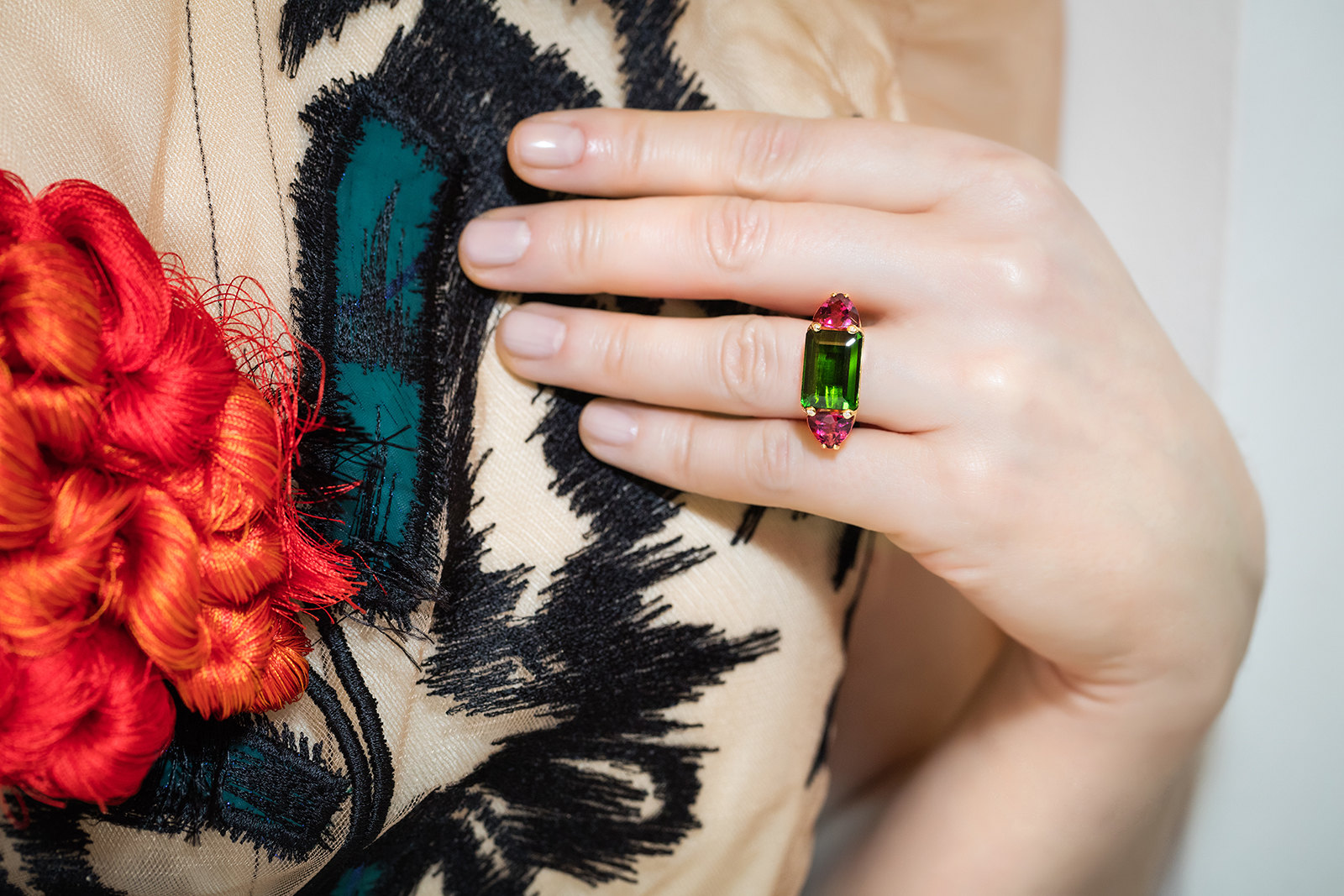 Second Pétale Nada Le Cavelier ring with step cut green tourmaline and two trillion cut pink tourmalines in 18k yellow gold