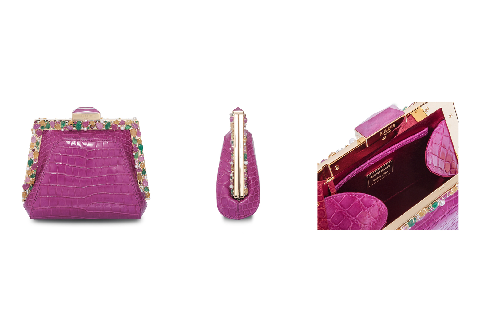  Rubeus 'Myra' bag with pink sapphire clasp accent, tutti frutti style carved emerald, sapphire, rubies, pearls and diamonds in 18k yellow gold frame 
