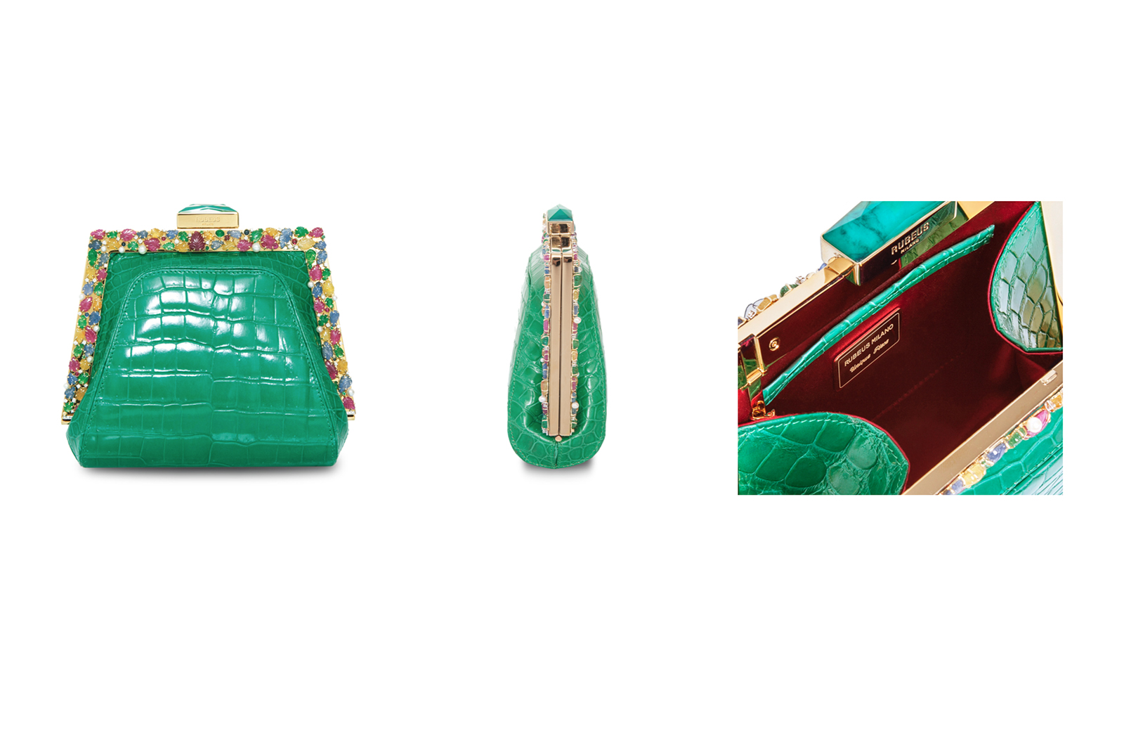  Rubeus 'Myra' bag with emerald clasp accent, tutti frutti style carved emerald, sapphire, rubies, pearls and diamonds in 18k yellow gold frame 