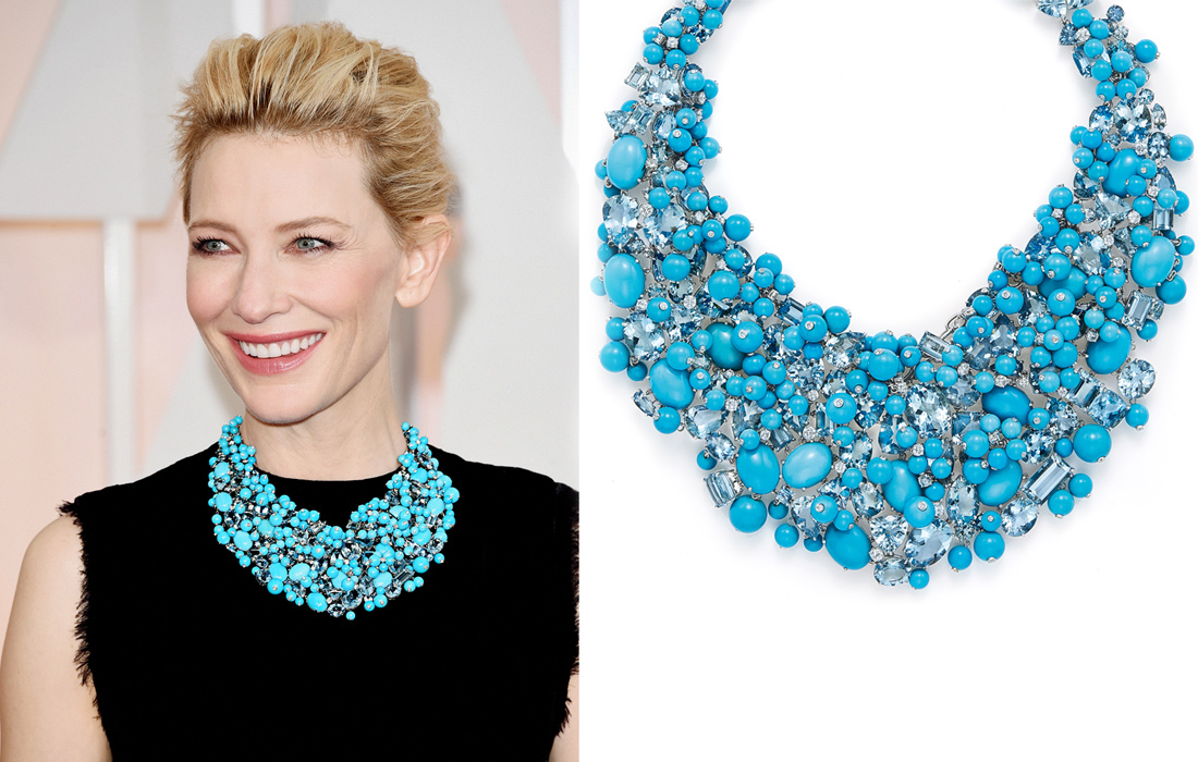 Cate Blanchett wearing a turquoise, aquamarine and diamond necklace from the 2015 Tiffany Blue Book