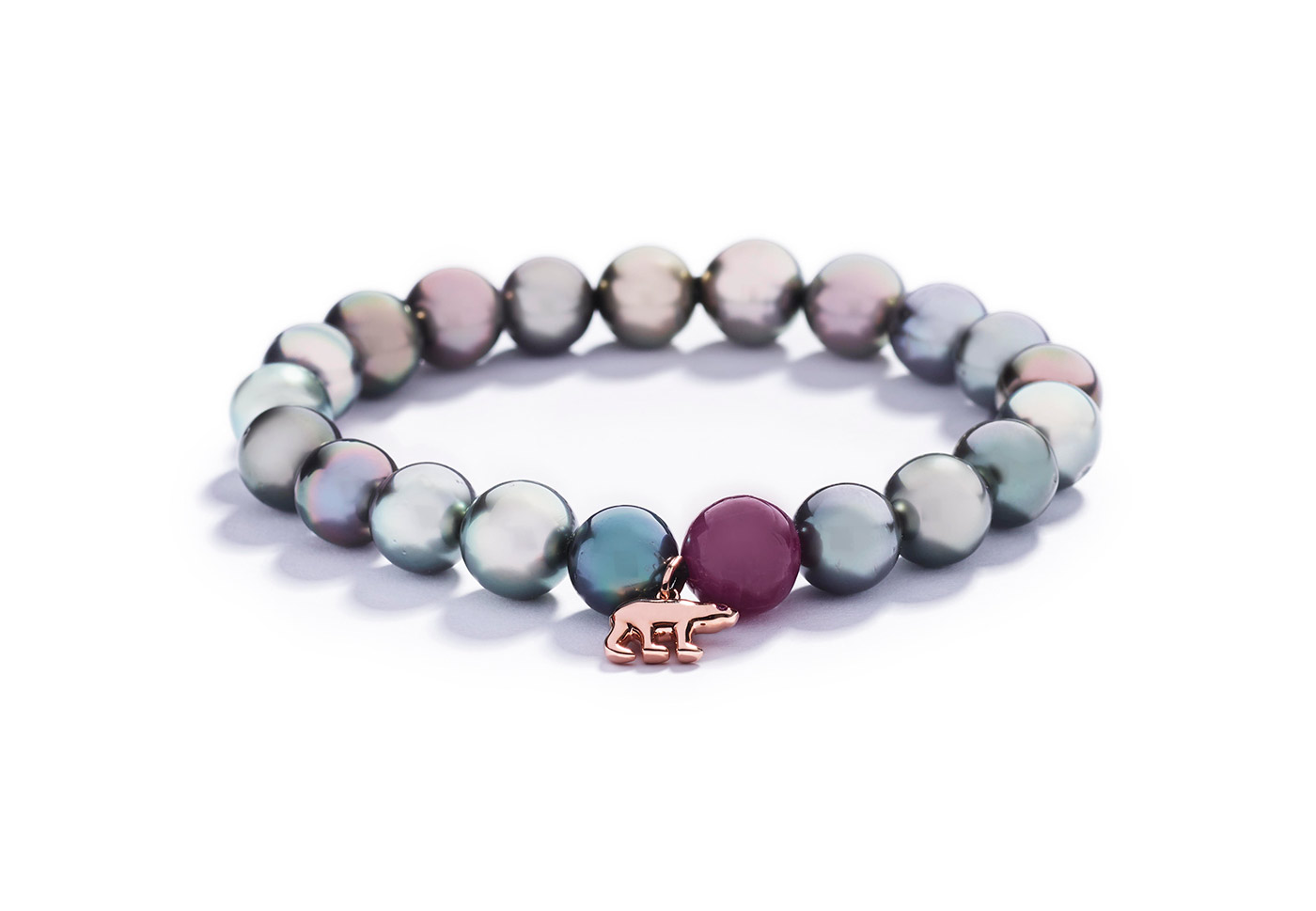 Hartmann's Greenland ruby bead bracelet with Tahitian pearls and yellow gold bear charm