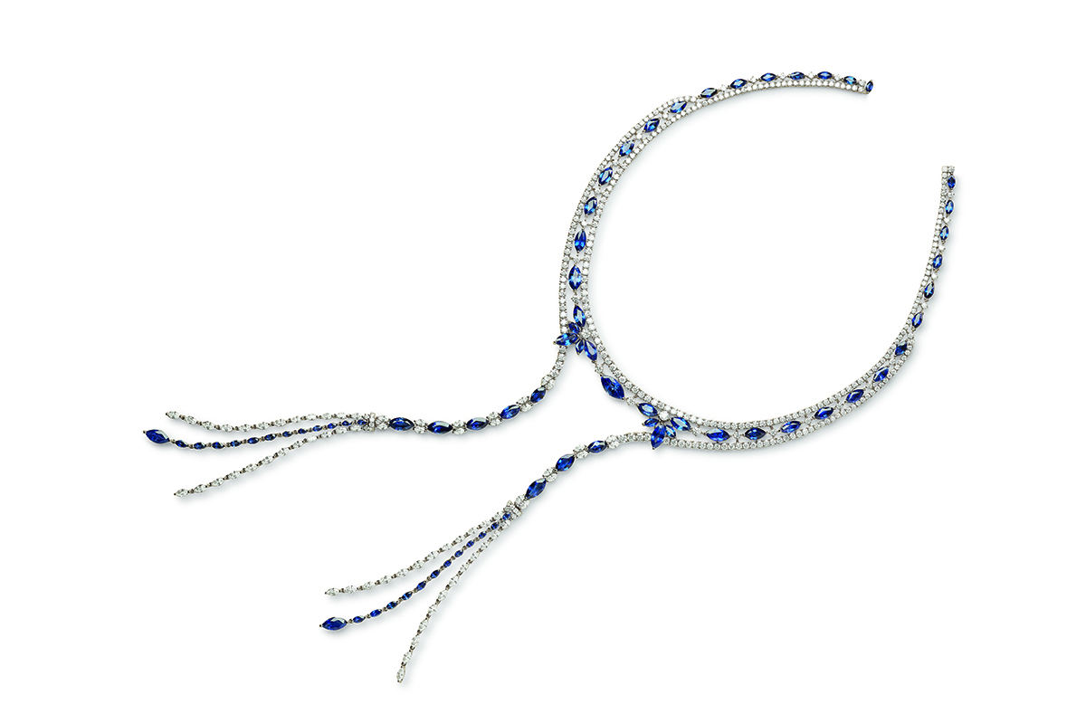  Crivelli necklace with marquise cut sapphires and marquise and brilliant cut diamonds in 18k white gold