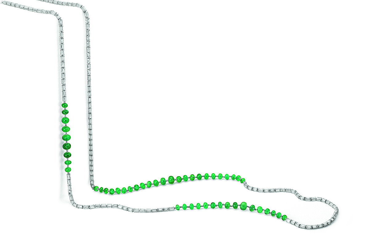  Crivelli necklace with 49.41ct emerald beads and 26.23ct baguette cut diamonds in 18k white gold