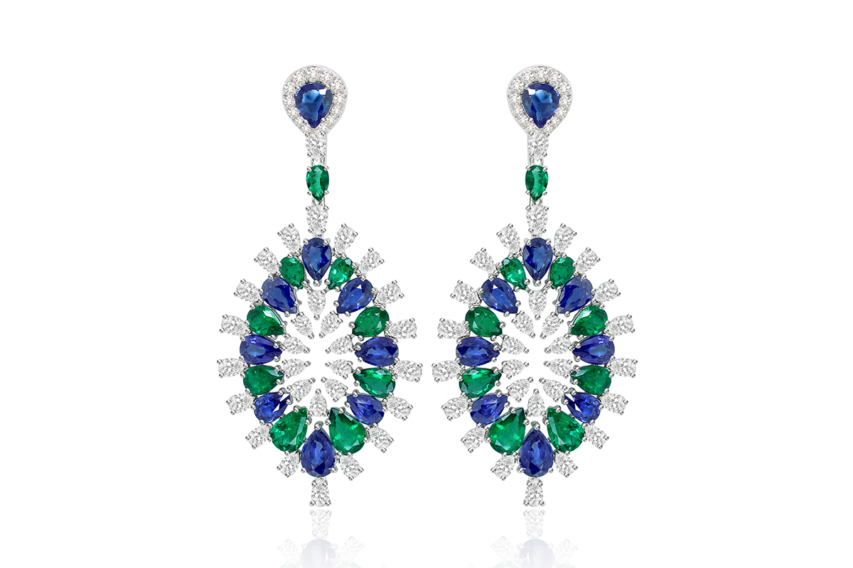  Sutra earrings with emeralds, sapphires and diamonds in 18k white gold