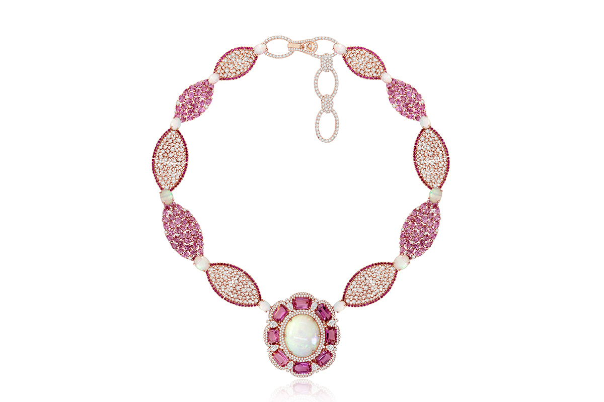  Sutra necklace with pink sapphires, opals and diamonds in 18k rose gold