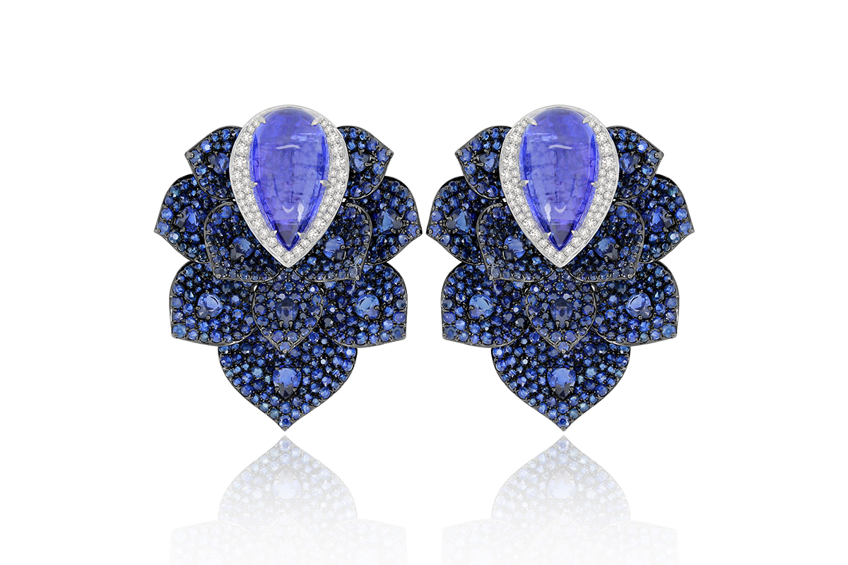 Sutra earrings with tanzanites, sapphires and diamonds in 18k white and blackened gold