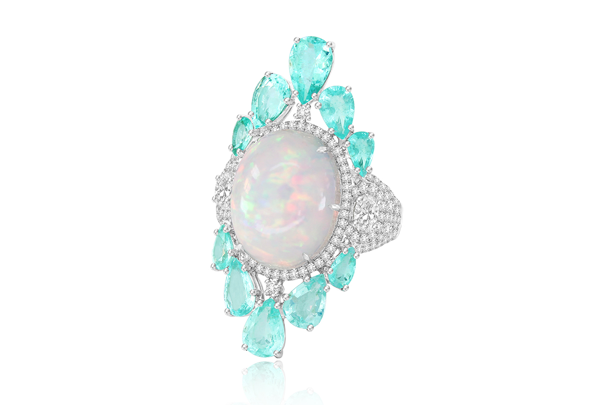  Sutra ring with Paraiba tourmaline, opal and diamonds in 18k white gold