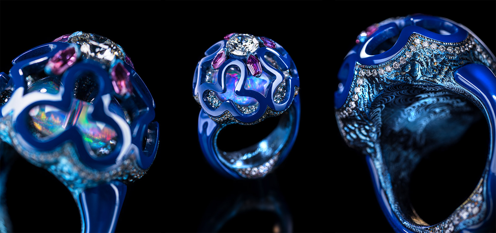 Wallace Chan ‘Dream Planet’ ring with diamond, crystal, lapis lazuli, opal and pink sapphire in titanium and Wallace Chan Porcelain