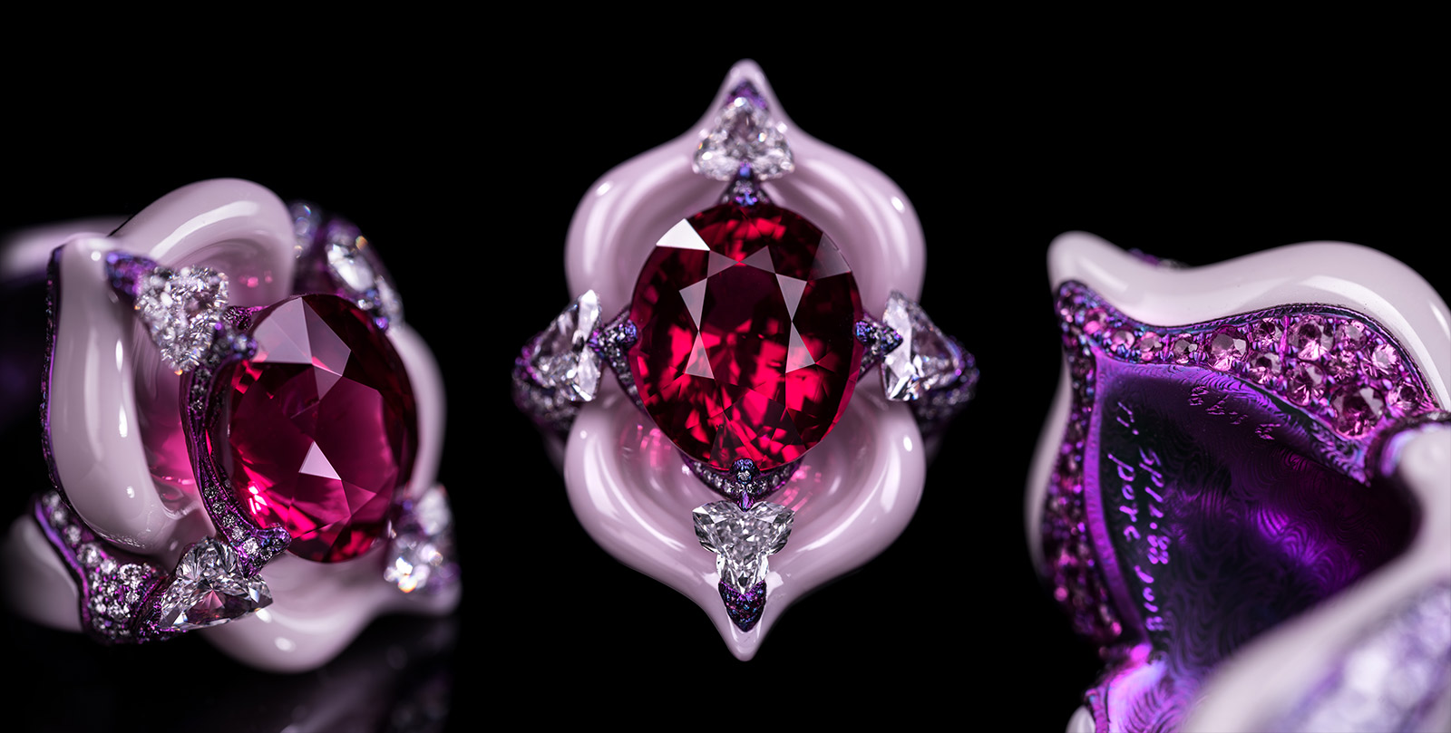 Wallace Chan ‘Starlight Ballet’ ring with 12.88ct spinel, diamond and pink sapphire in titanium and Wallace Chan Porcelain