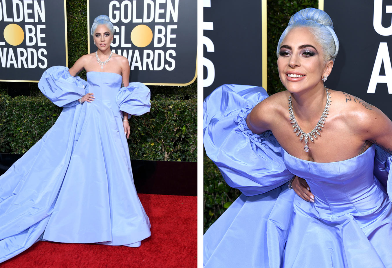 Lady Gaga at the Golden Globes wearing Tiffany&Co Aurora diamond necklace 