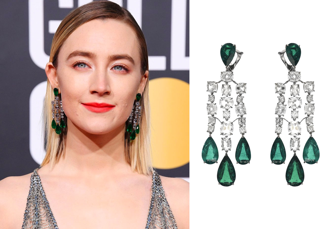  Saoirse Ronan wearing Chopard emerald and diamond earrings at Golden Globes 2019