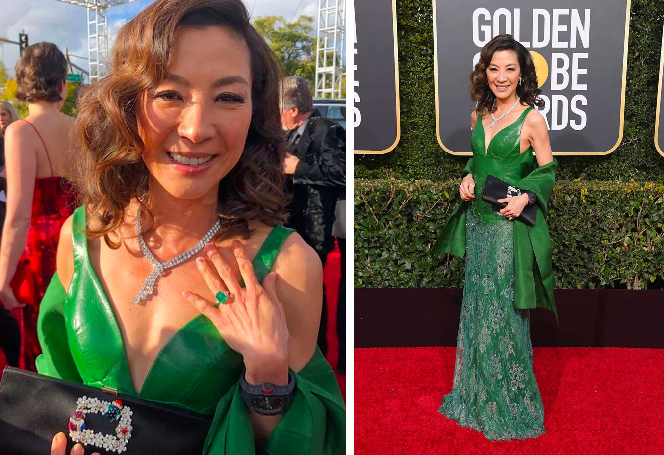  Michelle Yeoh wearing De Beers diamonds and her own emerald ring  at Golden Globes 2019