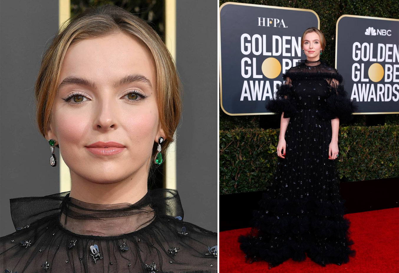 Jodie Comer wearing Nikos Koulis earrings with diamonds and emeralds at Golden Globes 2019