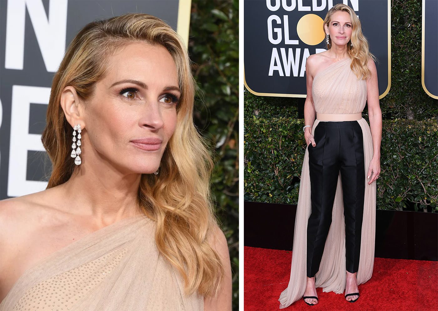 Julia Roberts wearing Chopard diamond drop earrings at Golden Globes 2019
