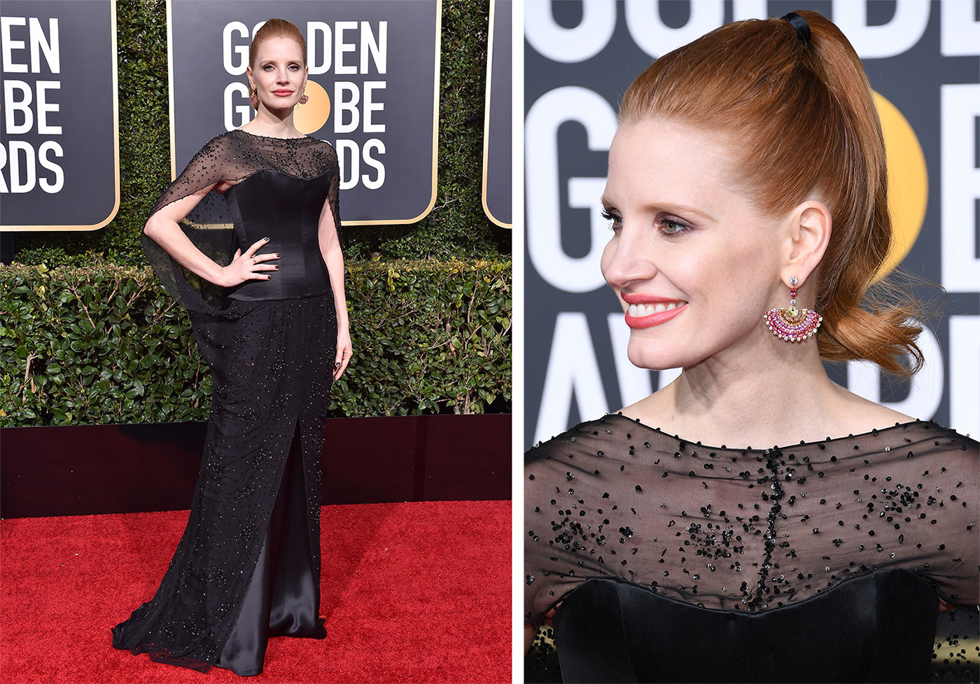 Jessica Chastain wearing Piaget earrings at Golden Globes 2019