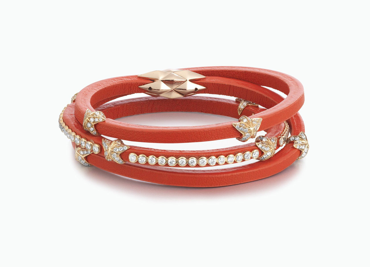  Tomasz Donocik wrap bracelet with diamonds in 18k rose gold set on coral coloured leather