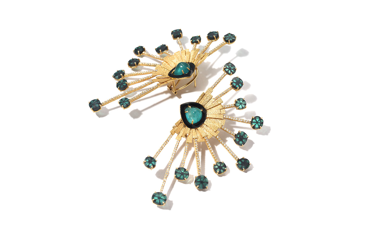 Coomi 'Bloom' earrings in collaboration with Muzo with trapiche emeralds, emeralds, diamonds, enamel and gold