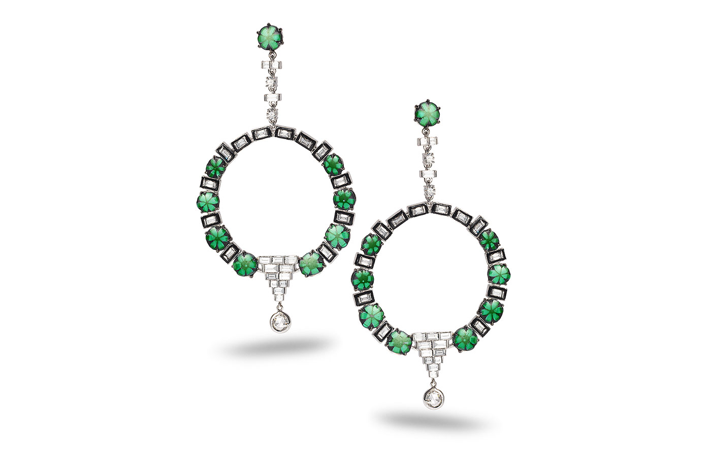  Coomi 'Bloom' earrings in collaboration with Muzo with trapiche emeralds, enamel, diamonds and white gold