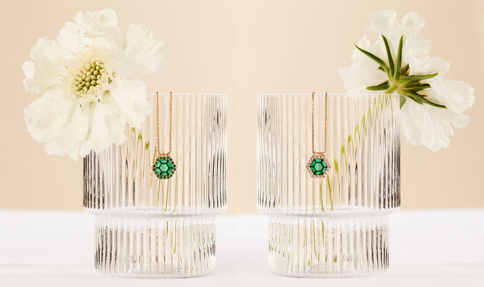 Alice Fournier pendant necklaces with trapiche emeralds, emeralds and diamonds in gold