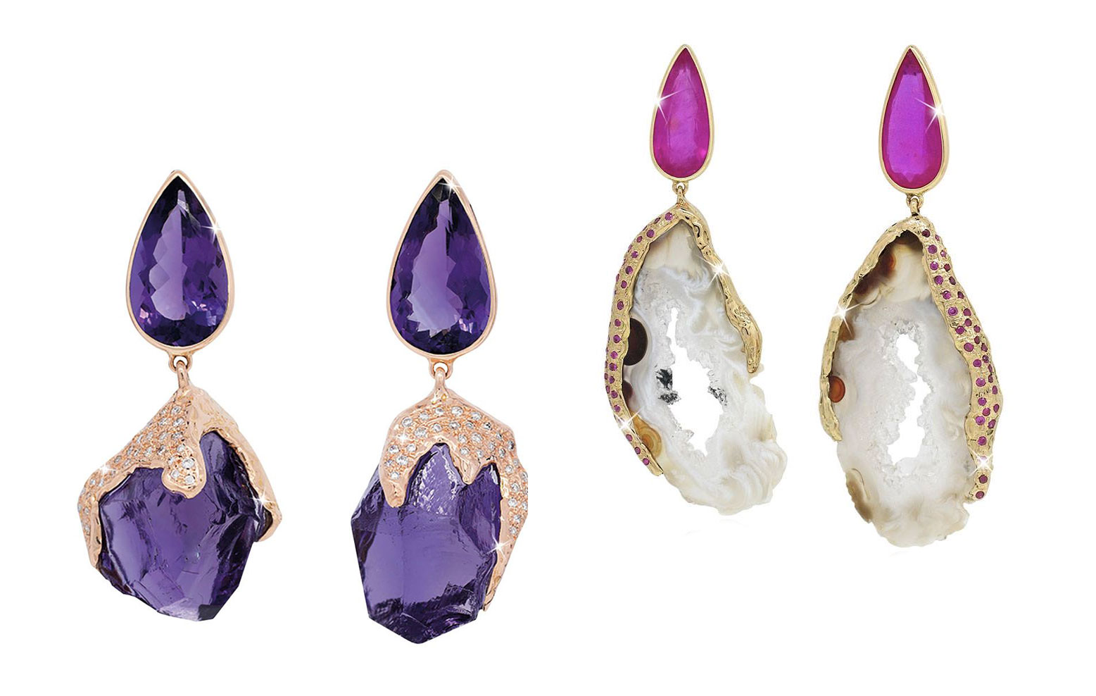  Natalie Dissel earrings in amethyst, diamonds, pink sapphire and agate in 18k yellow gold