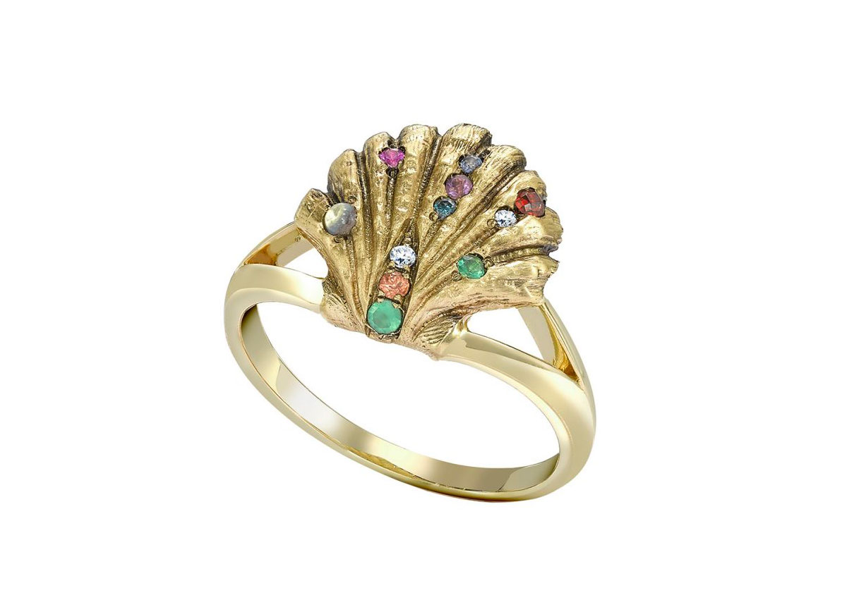  Venyx 'Lady V' ring with diamond, emerald, sapphire, moonstone and ruby in 18k yellow gold