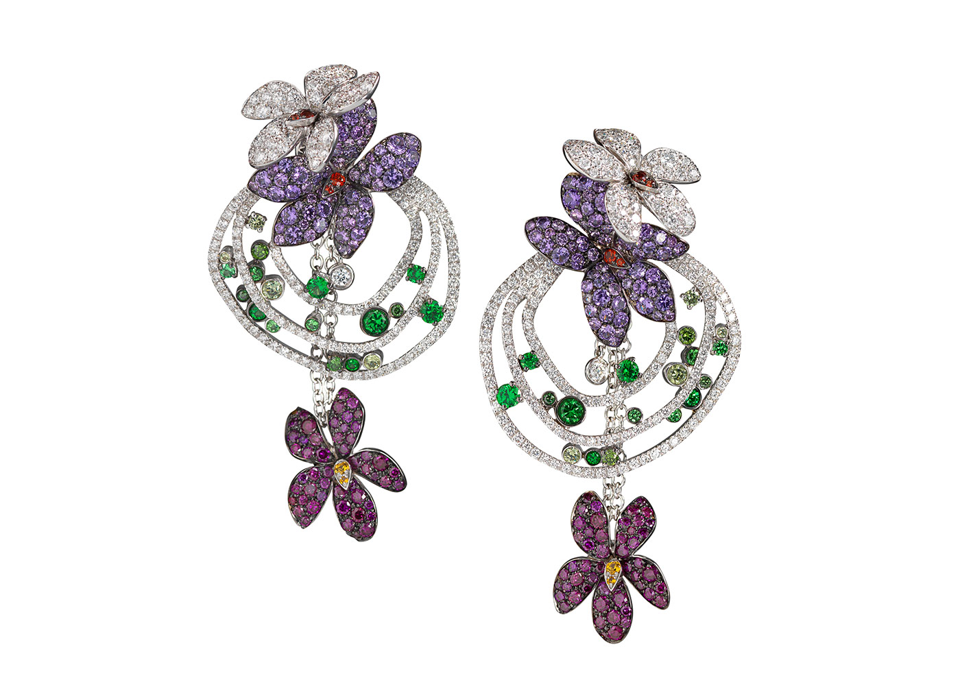  Palmiero 'Violet' earrings in colourless diamonds, sapphires and semiprecious stones on 18k white gold