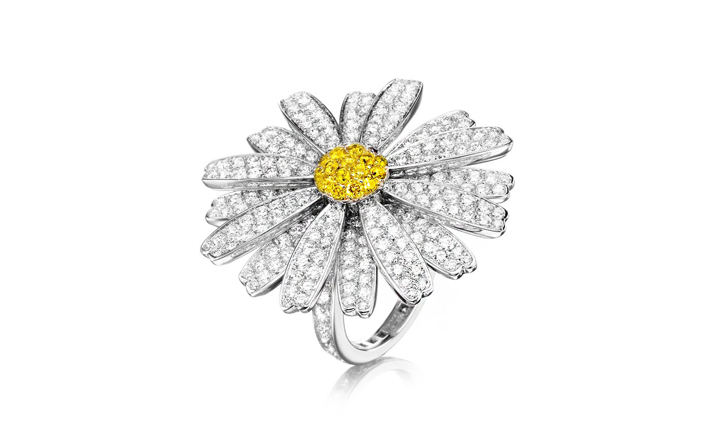  Tabbah 'Daisy Love' ring with colourless and fancy yellow diamonds in 18k white gold