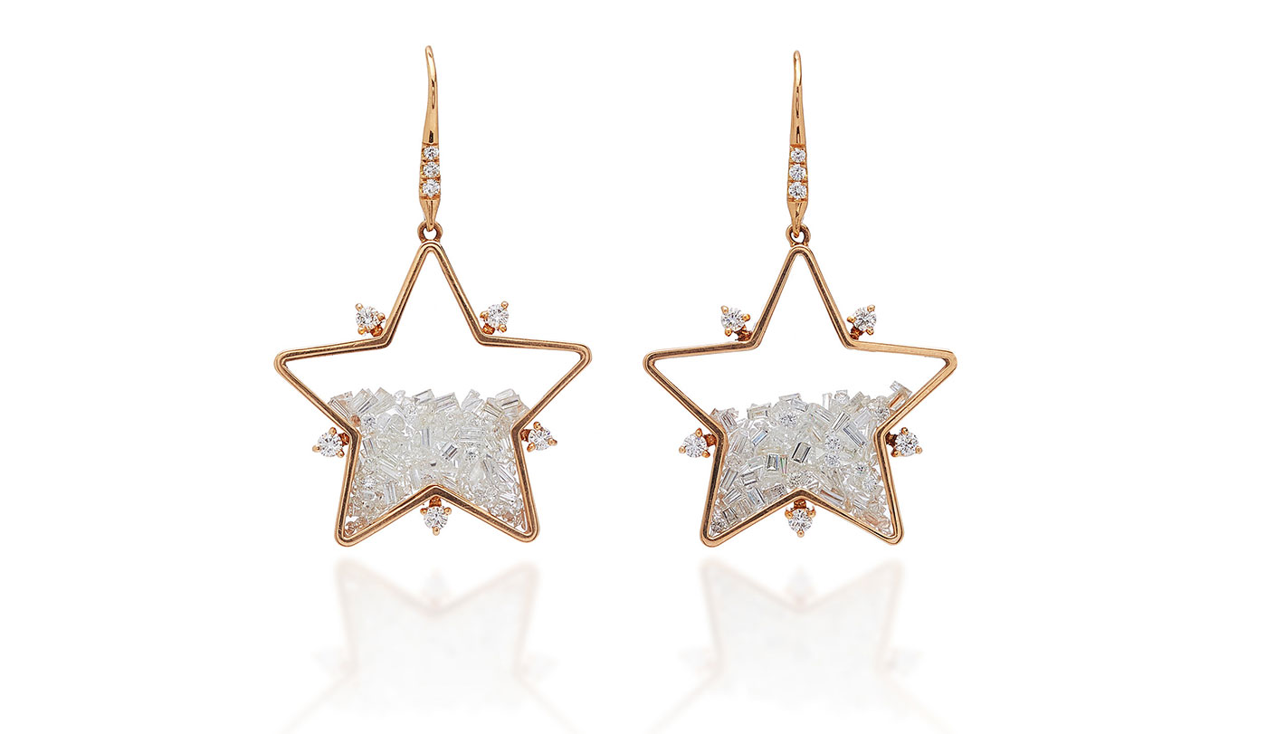  Moritz Glik star earrings with 4.08ct of diamonds set in and enclosed in white sapphires in 18k rose gold 