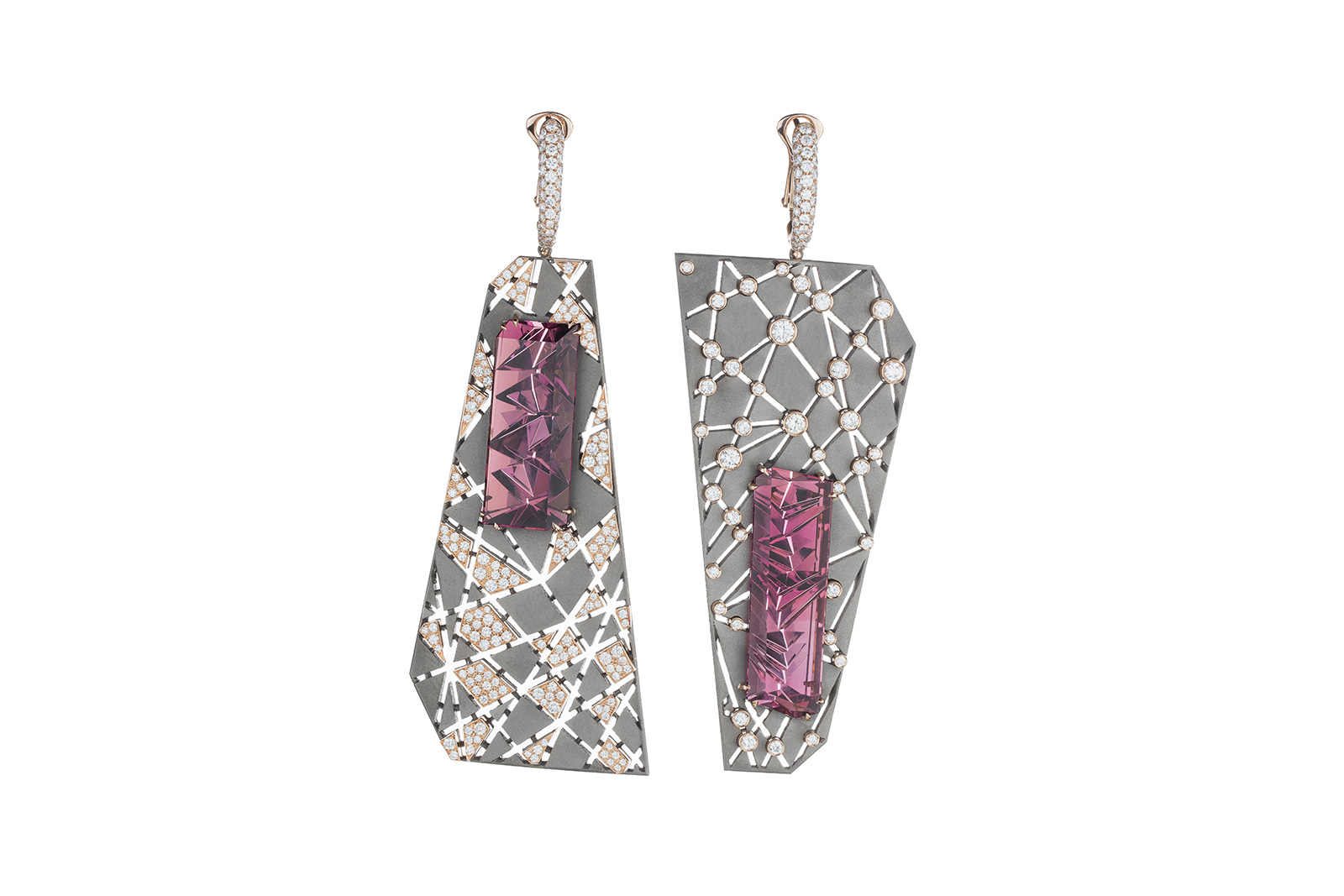 VMAR 'Orion &Auriga' earrings with fancy cut pink tourmalines of 17.50ct and 17.60ct, and diamonds in pink gold and titanium