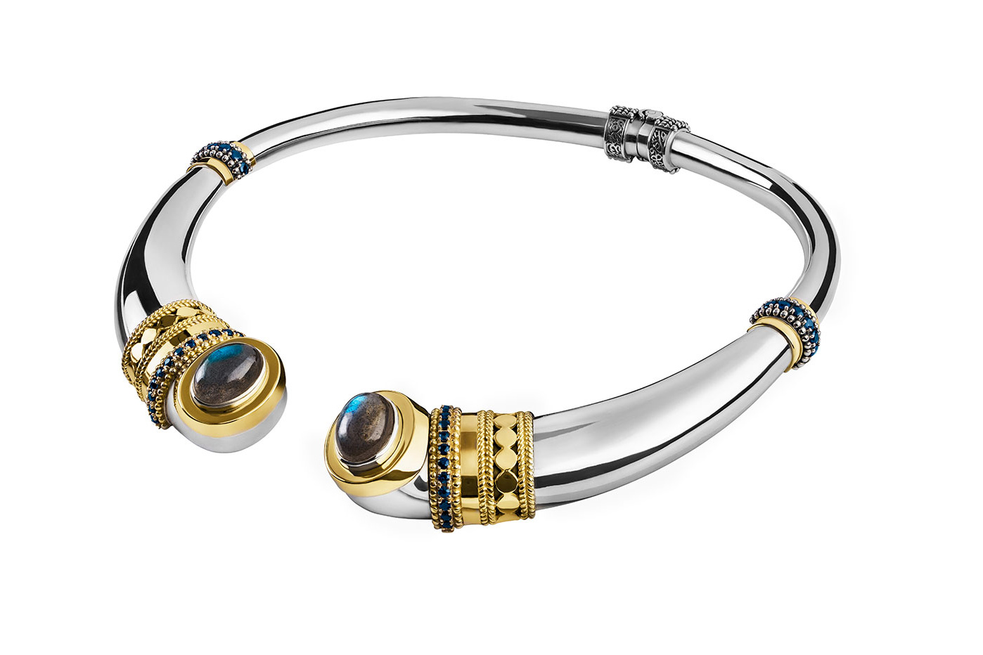  Azza Fahmy torque collar necklace from the 'Gypsy' collection with London Blue topaz and sapphires in yellow gold and silver