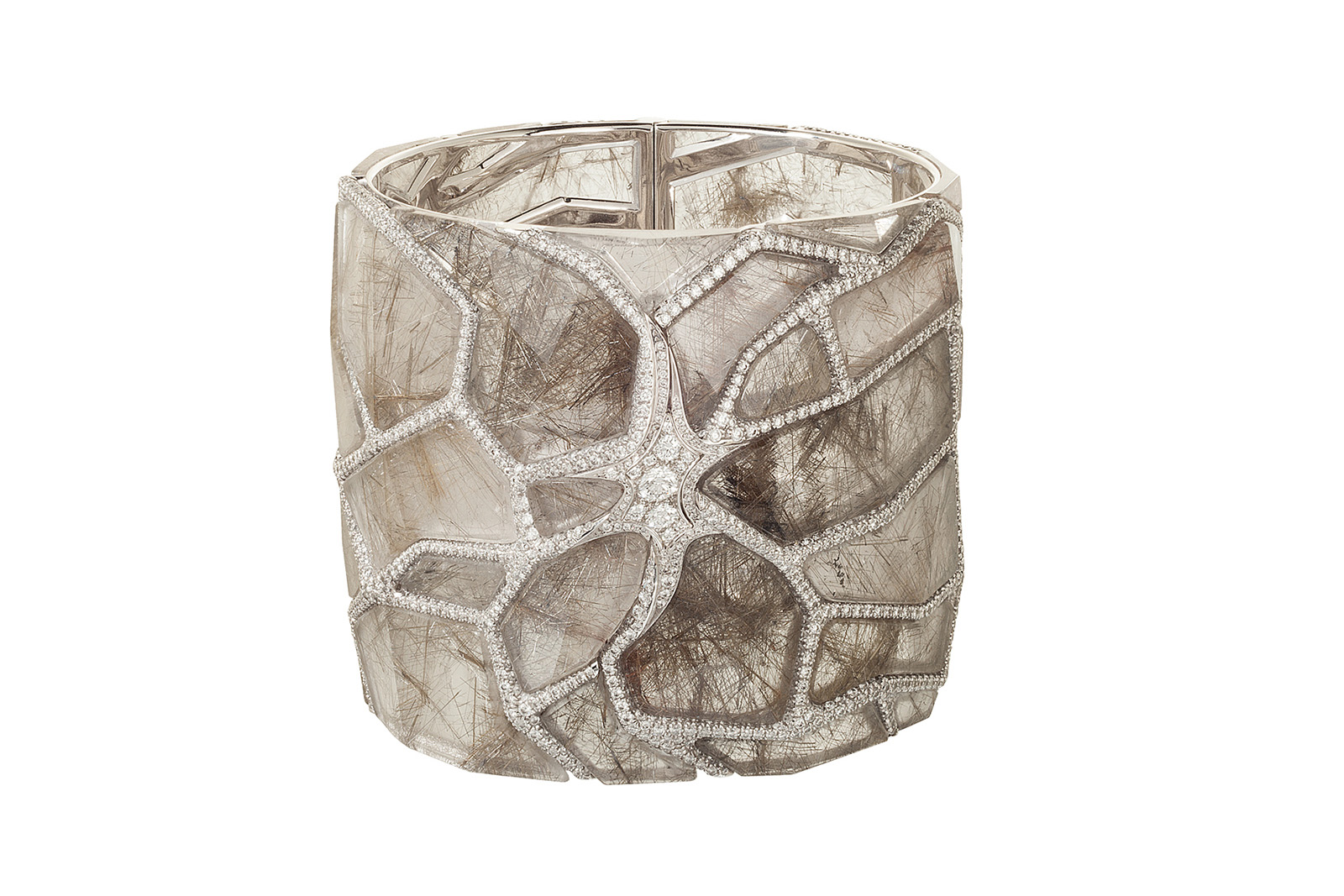  NUUN cuff from the 'Doroob' collection with grey rutilated quartz and diamonds in white gold