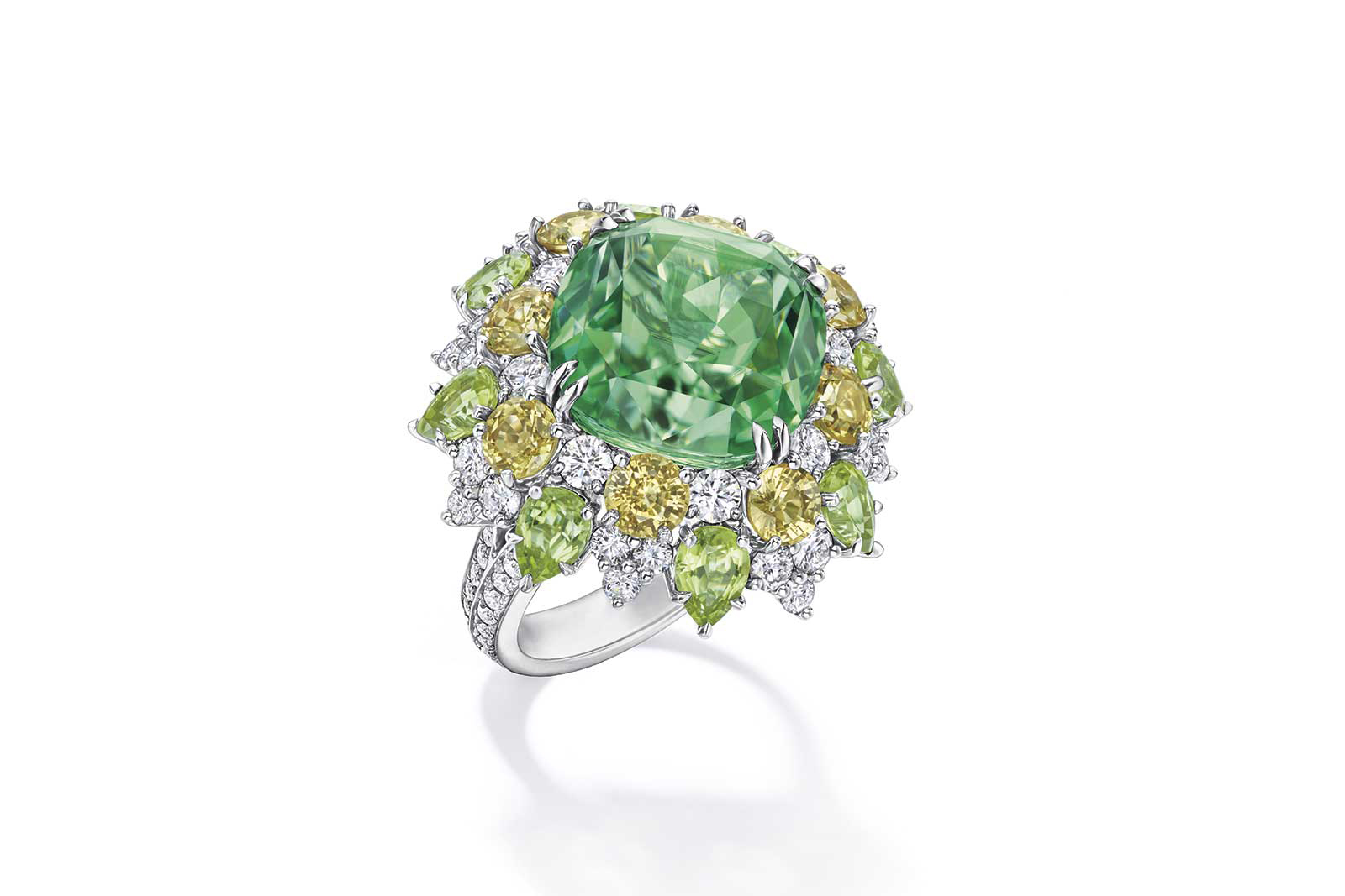  Harry Winston 'Winston Candy' ring with 19.67ct cushion cut green tourmaline, yellow sapphires, peridots and diamonds in white gold