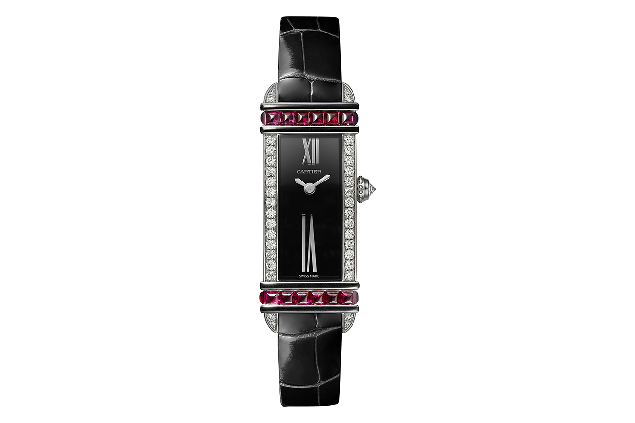  Cartier ‘Tank Chinoise’ watch from the 'Libre' collection with rubies and diamonds in 18k white gold and black alligator strap