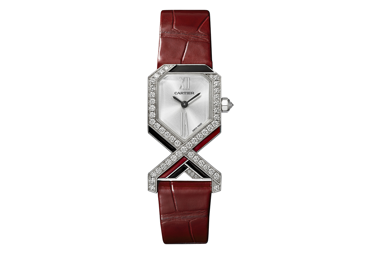  Cartier ‘Diagonale’ watch from the 'Libre' collection with diamonds and enamel, with a red alligator strap