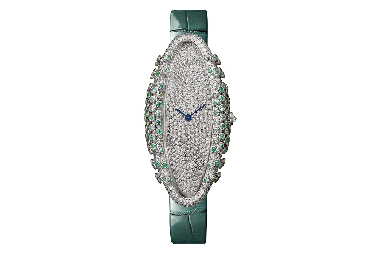  Cartier ‘Baignoire Allongée Celadon’ watch from the 'Libre' collection with emeralds, paraiba tourmalines and diamonds in 18k white gold with green alligator strap