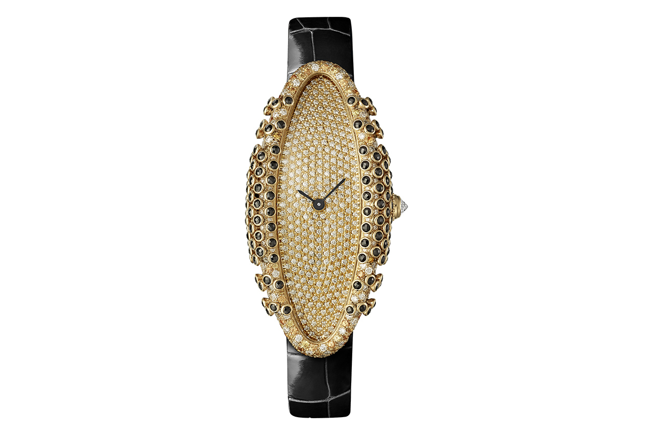  Cartier ‘Baignoire Allongée Black’ watch from the 'Libre' collection with black spinels, yellow sapphires and diamonds in 18k yellow gold with black alligator strap