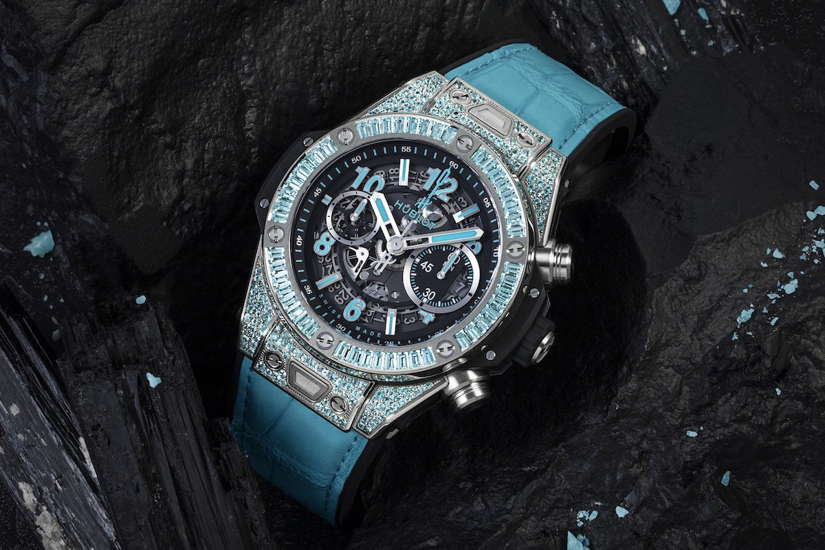  Hublot ‘Big Bang Unico Paraiba’ watch with 176 paraiba tourmalines, and bezel and lug  in 18k white gold 